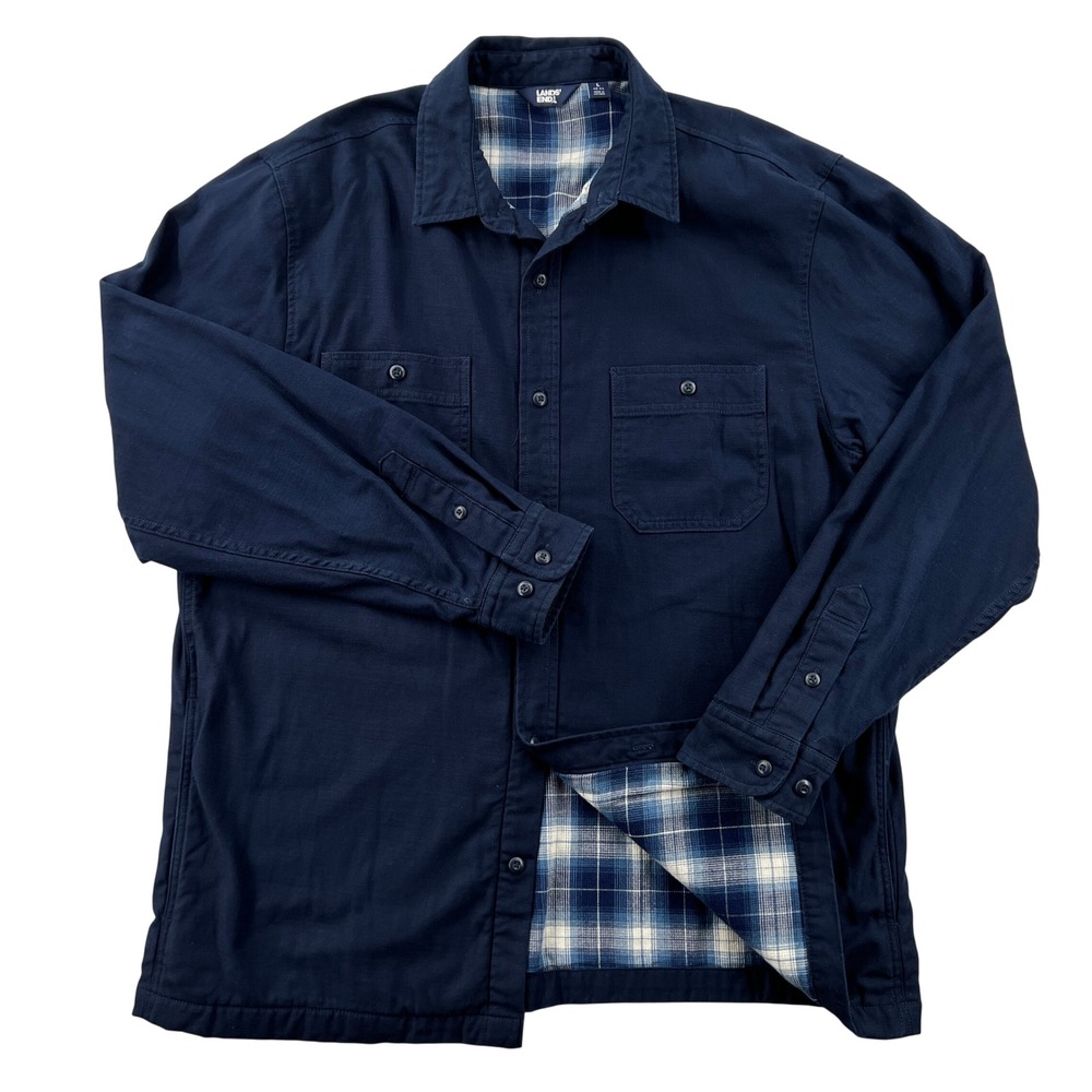 Lands End Men's Lined Waffle Shirt Jacket Large Dark Blue Workwear Shacket Cabin